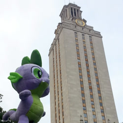Size: 1000x1000 | Tagged: safe, artist:texasuberalles, spike (mlp), dragon, fictional species, western dragon, semi-anthro, friendship is magic, hasbro, my little pony, forced perspective, irl, male, photo, plushie, solo, solo male, ut tower