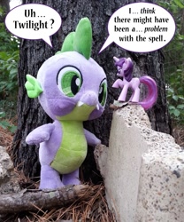 Size: 750x902 | Tagged: safe, artist:texasuberalles, spike (mlp), twilight sparkle (mlp), dragon, equine, fictional species, mammal, pony, unicorn, western dragon, feral, semi-anthro, build-a-bear, friendship is magic, hasbro, mcdonald's, my little pony, blank flank, duo, female, irl, male, mare, mcdonald's happy meal toys, photo, plushie, size difference, toy