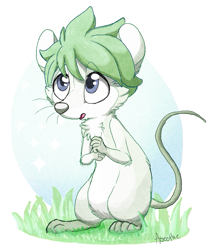 Size: 559x664 | Tagged: safe, artist:aseethe, mammal, mouse, rodent, anthro, semi-anthro, nintendo, pokémon, 2d, abstract background, anthrofied, blue eyes, cheek fluff, chest fluff, cute, elbow fluff, fluff, fur, grass, green hair, hair, looking up, male, murine, nervous, nudity, paws, signature, solo, solo male, tail, wally (pokemon), whiskers, white body, white fur