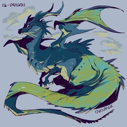 Size: 1280x1280 | Tagged: safe, artist:ovopack, dragon, fictional species, feral, abstract background, ambiguous gender, blue body, claws, gray background, green body, looking at you, signature, simple background, slit pupils, solo, solo ambiguous, tail, text, webbed wings, wings