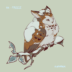 Size: 1280x1280 | Tagged: safe, artist:ovopack, bird, bird of prey, owl, feral, ambiguous gender, branch, brown feathers, claws, feathers, gray eyes, green background, leaf, perching, signature, simple background, snow, solo, solo ambiguous, talons, white feathers, wings