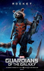Size: 600x960 | Tagged: source needed, useless source url, safe, official art, rocket raccoon (marvel), mammal, procyonid, raccoon, anthro, guardians of the galaxy, guardians of the galaxy (film), marvel, marvel cinematic universe, gun, male, movie poster, solo, solo male, tail, text, weapon