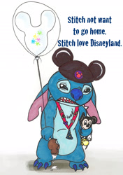 Size: 1905x2700 | Tagged: safe, artist:skylanth, mickey mouse (disney), stitch (lilo & stitch), alien, experiment (lilo & stitch), fictional species, semi-anthro, disney, lilo & stitch, mickey and friends, 2012, balloon, blue body, blue claws, blue fur, blue nose, chest fluff, claws, clothes, dessert, dialogue, dripping, ears down, english text, fluff, food, fur, hat, holding, holding food, holding object, ice cream, ice cream bar, lanyard, lapel pin, looking at you, male, marker drawing, mickey ears hat, open frown, plushie, raised inner eyebrows, sad, simple background, solo, solo male, talking, tired, toe claws