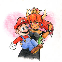 Size: 1000x1000 | Tagged: safe, artist:drclosure, bowser (mario), mario (mario), animal humanoid, fictional species, human, koopa, mammal, reptile, humanoid, mario (series), nintendo, blushing, bowserio (mario), bowsette (mario), carrying, collar, crown, female, half r63 shipping, horns, jewelry, male, male/female, regalia, rule 63, shipping, spiked collar, traditional art