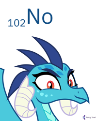 Size: 4000x5000 | Tagged: safe, artist:parclytaxel, part of a set, princess ember (mlp), dragon, fictional species, western dragon, feral, series:joycall6's periodic table, friendship is magic, hasbro, my little pony, .svg available, 2020, absurd resolution, bust, chemistry, dragoness, female, horns, looking at you, no, nobelium, on model, periodic table, portrait, simple background, smiling, solo, solo female, unamused, vector, white background