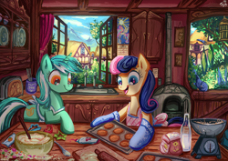 Size: 1222x863 | Tagged: safe, artist:jowybean, bon bon (mlp), lyra heartstrings (mlp), princess celestia (mlp), bird, equine, mammal, pony, feral, friendship is magic, hasbro, my little pony, spoiler:slice of life (mlp:fim), apron, baking, baking sheet, bottle, calendar, clothes, cookie, cookie cutter, cookie dough, cooking, cupboard, dough, female, food, interior, mare, milk, mountain, open mouth, oven, oven gloves, ponyville, rolling pin, scale, sink, smiling, spoon, toaster, tree, window