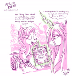 Size: 2062x2205 | Tagged: safe, artist:jowybean, queen chrysalis (mlp), starlight glimmer (mlp), arthropod, changeling, changeling queen, equine, fictional species, mammal, pony, unicorn, feral, series:my little roomie, friendship is magic, hasbro, my little pony, book, dialogue, duo, eyes closed, female, high res, inkwell, magic, mare, monochrome, open mouth, quill, roommates, simple background, speech bubble, talking, telekinesis, thinking, thought bubble, white background
