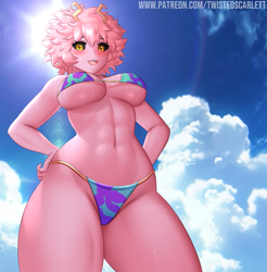 Size: 1573x1600 | Tagged: suggestive, artist:twistedscarlett60, mina ashido (my hero academia), arthropod, insect, anthro, humanoid, my hero academia (series), 2019, belly button, bikini, black sclera, blushing, breasts, clothes, cloud, colored sclera, digital art, ears, eyelashes, female, fur, hair, hand on hip, horn, looking at you, looking down, looking down at you, pink body, pink hair, sky, solo, solo female, sunlight, swimsuit, thighs, wet, wide hips