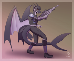 Size: 3093x2550 | Tagged: safe, artist:spritedude, oc, oc:alex, dragon, fictional species, fish, hybrid, shark, anthro, star wars, black hair, blaster, bottomwear, clothes, energy weapon, gun, hair, high res, horns, male, optical sight, pants, shoes, solo, solo male, tail, weapon, wings