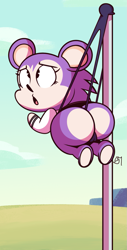 Size: 779x1532 | Tagged: suggestive, artist:semirulalmite, labelle (animal crossing), hedgehog, mammal, anthro, plantigrade anthro, animal crossing, cc by-nc-nd, creative commons, nintendo, barefoot, black eyes, clothes, cloud, commission, commissioner:craftmywarpstar, female, fur, hanging wedgie, open mouth, pain, panties, purple body, purple fur, signature, sky, solo, solo female, suspended, topwear, underwear, wedgie