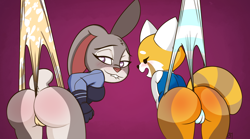 Size: 1646x916 | Tagged: suggestive, artist:semirulalmite, part of a set, judy hopps (zootopia), retsuko (aggretsuko), lagomorph, mammal, rabbit, red panda, anthro, aggretsuko, disney, sanrio, zootopia, abstract background, art trade, bent over, biting, black eyes, blushing, butt, butt blush, cameltoe, clothes, duo, duo female, ear fluff, ears, female, fluff, fur, gradient background, gray body, gray fur, hanging wedgie, head fluff, heart, heart eyes, lidded eyes, lip biting, looking back, masochism, one ear up, open mouth, orange body, orange fur, pain, panties, pink background, police uniform, purple eyes, short tail, signature, simple background, smiling, story at source, striped tail, stripes, tail, topwear, underwear, wedgie, wedgie fetish, wingding eyes