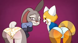Size: 1646x916 | Tagged: suggestive, artist:semirulalmite, part of a set, judy hopps (zootopia), retsuko (aggretsuko), lagomorph, mammal, rabbit, red panda, anthro, aggretsuko, disney, sanrio, zootopia, abstract background, art trade, bent over, biting, black eyes, blushing, butt, butt blush, cameltoe, clothes, crossover, duo, duo female, ears, female, fluff, fur, gradient background, gray body, gray fur, head fluff, heart, heart eyes, imminent pain, lidded eyes, lip biting, looking back, one ear up, open mouth, orange body, orange fur, panties, pink background, police uniform, purple eyes, short tail, signature, simple background, smiling, striped tail, stripes, tail, topwear, underwear, wedgie fetish, wingding eyes