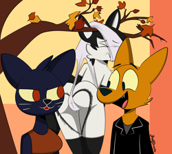 Size: 1500x1336 | Tagged: suggestive, artist:semirulalmite, gregg lee (nitw), mae borowski (nitw), canine, cat, feline, fox, mammal, anthro, night in the woods, big ears, black body, black eyes, black fur, blep, bullying, butt, cheek fluff, clothes, colored sclera, commission, ears, eyes closed, fangs, female, fluff, fur, group, hanging wedgie, head fluff, heart, heart on butt, jacket, leather jacket, looking at each other, male, nudity, orange body, orange fur, pain, partial nudity, raised eyebrows, red eyes, sharp teeth, shirt, signature, smiling, teeth, tongue, tongue out, topwear, tree, trio, wedgie, whiskers, white body, white fur, wincing, yellow sclera