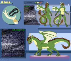 Size: 2100x1800 | Tagged: safe, artist:bistup, oc, oc:alois (dakota_windrunner), dragon, fictional species, reptile, scaled dragon, anthro, digitigrade anthro, feral, abstract background, antlers, brown hair, butt, censored, character name, claws, color palette, duality, fangs, front view, green body, hair, looking at you, male, mane, rear view, reference sheet, reptile feet, ring, sharp teeth, side view, solo, solo male, spread wings, standing, static noise, tail, teeth, three-quarter view, twitter logo, webbed wings, wings, yellow belly, yellow body