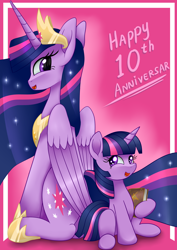 Size: 2480x3507 | Tagged: safe, artist:truffle shine, twilight sparkle (mlp), alicorn, equine, fictional species, mammal, pony, unicorn, feral, friendship is magic, hasbro, my little pony, 2020, anniversary, book, crown, feathered wings, feathers, female, folded wings, happy, happy birthday mlp:fim, high res, holding, holding book, holding object, hoof shoes, horn, jewelry, mare, peytral, regalia, self paradox, size difference, smiling, solo, solo female, tail, wings