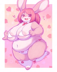 Size: 1637x2047 | Tagged: suggestive, artist:radiowave541, lagomorph, mammal, rabbit, anthro, digitigrade anthro, 2020, abstract background, areola, belly, belly button, blushing, bow, breasts, clothes, cute, eye through hair, fat, female, hair, heart, huge breasts, legwear, looking at you, obese, open mouth, panties, pink background, pink eyes, simple background, smiling, smiling at you, solo, solo female, underwear, white border