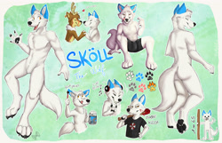 Size: 4000x2571 | Tagged: safe, alternate version, artist:kaotikjuju, oc, oc only, oc:lydus (fingarfin), oc:sköll (wolf-skoll), canine, cervid, deer, mammal, reindeer, wolf, anthro, digitigrade anthro, 2017, abstract background, anthro/anthro, baseball bat, bicolor eyes, blood, blood stains, blue body, butt, character name, clothes, color palette, digital art, duo, eyes closed, fangs, featureless crotch, front view, fur, heart, holding, holding hands, licking lips, looking at you, male, male/male, open mouth, orange eyes, paint, paw pads, paws, raised leg, rear view, reference sheet, sharp teeth, shipping, side view, sitting, smiling, solo, solo focus, solo male, tail, teeth, three-quarter view, tongue, tongue out, underpaw, underwear, white body, white fur, yellow eyes