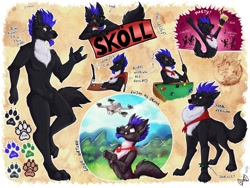 Size: 1280x960 | Tagged: safe, alternate version, artist:kaotikjuju, oc, oc only, oc:sköll (skoll-the-wolf), canine, mammal, wolf, anthro, digitigrade anthro, feral, 2017, alcohol, animal genitalia, beer, billiards, black body, black fur, blind, bracelet, chair, character name, chest fluff, claws, color palette, computer, drink, drone, duality, ear piercing, earring, fluff, foulard, front view, fur, glowstick, goatee, green eyes, hair, hand hold, heterochromia, holding, jewelry, keyboard, leaning, licking lips, male, mug, nudity, open mouth, outdoors, party, paw prints, paws, picture-in-picture, piercing, pool table, pubic fluff, purple hair, raised leg, reference sheet, scar, sheath, sheathed, signature, silhouette, sitting, solo, solo male, spiked bracelet, spill, standing, table, three-quarter view, tongue, tongue out, white eyes