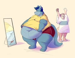 Size: 2952x2272 | Tagged: suggestive, artist:softakita, part of a set, oc, oc only, canine, dog, dragon, fictional species, mammal, anthro, digitigrade anthro, plantigrade anthro, 2018, belly button, big belly, blue body, blue hair, blushing, bottomwear, clothes, duo, duo male, fat, fat fetish, fur, hair, high res, hyper, male, males only, mirror, morbidly obese, obese, sequence, shirt, shorts, t-shirt, tan body, tan fur, topwear