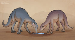 Size: 1280x681 | Tagged: safe, artist:jenery, aladar (disney's dinosaur), neera (disney's dinosaur), dinosaur, iguanodon, reptile, feral, dinosaur (disney film), disney, 2020, blushing, brown body, drinking, duo, eye contact, eyelashes, female, gray body, green eyes, looking at each other, male, side view, smiling, standing, teeth, water