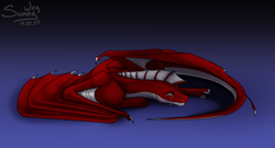 Size: 1200x649 | Tagged: safe, artist:sunny way, oc, dragon, fictional species, western dragon, feral, artwork, blue background, claws, crying, digital art, feels, lying, male, patreon reward, paws, red body, sad, scale, scaly, signature, simple background, solo, solo male, tail, tears, wings