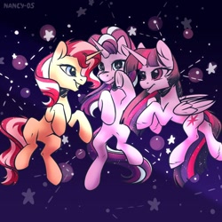 Size: 1024x1024 | Tagged: safe, artist:nancy-05, starlight glimmer (mlp), sunset shimmer (mlp), twilight sparkle (mlp), alicorn, equine, fictional species, mammal, pony, unicorn, feral, friendship is magic, hasbro, my little pony, 2020, feathered wings, feathers, female, folded wings, horn, mare, smiling, tail, trio, trio female, wings