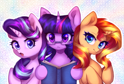 Size: 2855x1932 | Tagged: safe, artist:avrameow, starlight glimmer (mlp), sunset shimmer (mlp), twilight sparkle (mlp), alicorn, equine, fictional species, mammal, pony, unicorn, feral, friendship is magic, hasbro, my little pony, 2020, 2d, book, double outline, female, folded wings, glasses, group, high res, holding, holding book, holding object, horn, mare, reading, smiling, tail, trio, trio female, wings