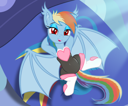 Size: 2680x2226 | Tagged: safe, artist:badumsquish, rainbow dash (mlp), rouge the bat (sonic), bat pony, equine, fictional species, mammal, pony, feral, friendship is magic, hasbro, my little pony, sega, sonic the hedgehog (series), bed, bedroom eyes, crossover, eyeshadow, female, high res, implied transformation, makeup, race swap, red eyes, sexy, slit pupils, solo, solo female, spread legs