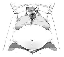 Size: 1082x966 | Tagged: suggestive, artist:softakita, oc, oc only, oc:max (softakita), canine, dog, mammal, anthro, 2020, bed, bedroom eyes, belly button, big belly, bottomwear, bulge, clothes, collar, eyebrow through hair, eyebrows, fat, fat fetish, fur, hair, hyper, looking at you, lying down, monochrome, morbidly obese, multicolored fur, obese, on back, on bed, open mouth, shirt, smiling, t-shirt, topwear