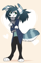 Size: 584x904 | Tagged: safe, artist:aseethe, oc, oc only, oc:vivi (aseethe), australian shepherd, canine, dog, mammal, anthro, digitigrade anthro, abstract background, blushing, bottomwear, clothes, female, floppy ears, fur, gray body, gray fur, gray hair, green eyes, hair, heart, jacket, looking sideways, pants, paws, ponytail, scarf, shirt, signature, smiling, solo, solo female, striped tail, stripes, tail, topwear, white body, white fur