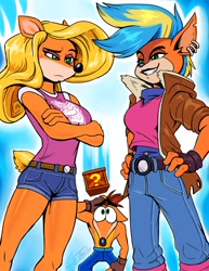 Size: 956x1238 | Tagged: safe, artist:thewillsart, crash bandicoot (crash bandicoot), tawna bandicoot (crash bandicoot), bandicoot, mammal, marsupial, anthro, crash bandicoot (series), bottomwear, clothes, confused, crate, female, group, jeans, male, pants, self paradox, shorts, trio