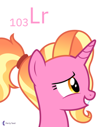 Size: 4000x5000 | Tagged: safe, artist:parclytaxel, part of a set, luster dawn (mlp), equine, fictional species, mammal, pony, unicorn, feral, series:joycall6's periodic table, friendship is magic, hasbro, my little pony, .svg available, 2020, absurd resolution, bust, chemistry, female, grin, lawrencium, mare, periodic table, portrait, side view, simple background, smiling, solo, solo female, vector, white background
