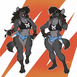 Size: 1600x1600 | Tagged: safe, artist:rayjay, oc, oc only, hyena, mammal, anthro, plantigrade anthro, 2020, abstract background, amber eyes, athletic, athletic female, barefoot, black hair, bottomwear, chest fluff, clothes, collar, commission, crop top, denim shorts, devil hands, fangs, feet, female, fluff, fur, gray body, gray fur, hair, hand on hip, micro shorts, midriff, multiple poses, open mouth, pale belly, paw pads, paws, sharp teeth, shorts, shoulder fluff, signature, socks (leg marking), solo, solo female, spiked collar, spotted fur, tail, tank top, teeth, toe claws, toes, topwear