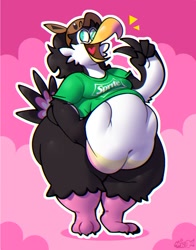 Size: 786x1001 | Tagged: artist needed, suggestive, oc, oc only, bird, anthro, 2018, abstract background, belly button, belly grab, belly overhang, big belly, black body, black fur, clothes, fat, fat fetish, female, fur, gesture, hat, multicolored fur, obese, open mouth, peace sign, shirt, smiling, solo, solo female, t-shirt, topwear, white body, white fur
