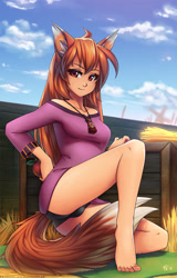 Size: 771x1201 | Tagged: safe, artist:fluff-kevlar, holo (spice and wolf), animal humanoid, canine, fictional species, mammal, wolf, humanoid, spice and wolf, 2018, apple, barefoot, clothes, cloud, dress, ear fluff, female, fluff, food, fruit, hay, jewelry, kneeling, looking at you, necklace, on one knee, signature, sky, smiling, solo, solo female, sports panties, tail, tail fluff