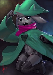 Size: 1600x2264 | Tagged: safe, artist:adry53, ralsei (deltarune), bovid, goat, mammal, anthro, deltarune, belly button, black body, black fur, blushing, boots, clothes, female, footwear, fur, hat, legwear, looking at you, open mouth, rule 63, scarf, solo, solo female, thigh high boots, thigh highs