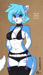 Size: 584x1000 | Tagged: suggestive, artist:fluff-kevlar, oc, oc only, oc:vikna, cat, feline, mammal, anthro, 2019, abs, abstract background, belly button, blue body, blue fur, blue hair, blushing, bra, breasts, brown background, choker, clothes, embarrassed, embarrassed underwear exposure, english text, female, frilly underwear, fur, garter belt, garters, hair, legwear, lingerie, looking at you, multicolored fur, muscles, panties, purple eyes, signature, simple background, solo, solo female, text, thigh highs, tiger stripes, two toned body, two toned fur, underwear, white body, white fur
