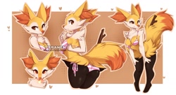 Size: 1538x839 | Tagged: safe, artist:teranen, braixen, fictional species, mammal, anthro, nintendo, pokémon, 2020, abstract background, amber eyes, bikini, border, bra, breasts, brown eyes, cheek fluff, clothes, ear fluff, fluff, fur, looking at you, multicolored fur, panties, signature, starter pokémon, swimsuit, tail, tongue, tongue out, underwear, watermark, white body, white border, white fur, yellow body, yellow fur