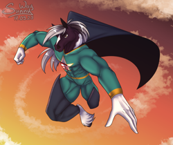Size: 1200x1010 | Tagged: safe, artist:sunny way, oc, equine, horse, mammal, anthro, artwork, clothes, cloud, digital art, flying, hero, hooves, male, muscles, patreon reward, power, punching, sketch, sky, solo, solo male, stallion, suit, super power, superhero