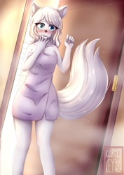 Size: 905x1280 | Tagged: safe, artist:kurokey, oc, oc only, canine, fox, mammal, anthro, blue eyes, blushing, door, female, fur, hair, hand over mouth, heterochromia, looking at you, solo, solo female, steam, towel, vixen, white body, white fur, white hair
