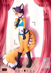 Size: 905x1280 | Tagged: safe, artist:kurokey, oc, oc only, big cat, feline, mammal, tiger, anthro, belly button, bra, breasts, camera, camera interface, cleavage, clothes, female, fur, hair, looking at you, orange body, orange fur, panties, purple eyes, purple hair, shy, solo, solo female, striped fur, underwear, white body, white fur
