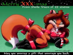 Size: 800x600 | Tagged: suggestive, artist:eric w schwartz, oc, oc:sheila vixen, canine, fox, mammal, anthro, 1999, 20th century, big breasts, black fur, bound legs, breasts, candy cane, caption, chest fluff, christmas, cleavage, cleavage fluff, dipstick tail, female, fluff, fur, green background, green eyes, holiday, light bondage, looking at you, orange body, orange fur, raised eyebrows, ribbon, seductive, signature, simple background, socks (leg marking), solo, solo female, suckling, tail, vixen