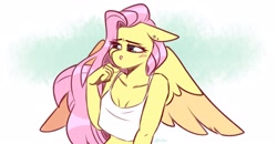 Size: 2579x1342 | Tagged: safe, artist:irusu, fluttershy (mlp), equine, fictional species, mammal, pegasus, pony, anthro, friendship is magic, hasbro, my little pony, anthrofied, clothes, ear piercing, earring, female, lidded eyes, piercing, solo, solo female, tank top, topwear