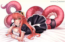 Size: 1920x1234 | Tagged: safe, artist:draltruist, miia (monster musume), animal humanoid, fictional species, mammal, reptile, snake, humanoid, lamia, monster musume, bed, breasts, clothes, commission, female, hair, long hair, lying down, maid, maid outfit, pointy ears, scales, signature, simple background, solo, solo female
