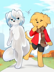 Size: 1500x2000 | Tagged: safe, artist:accelldraws, oc, oc only, oc:friday (accelldraws), oc:rin (accelldraws), arctic fox, canine, dog, fox, golden retriever, mammal, anthro, digitigrade anthro, 2020, ambiguous gender, autumn, bottomwear, brown body, brown fur, city, clothes, duo, eyes closed, female, frowning, fur, multicolored fur, scarf, shirt, shorts, smiling, tongue, tongue out, topwear, walking, white body, white fur