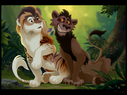 Size: 1568x1172 | Tagged: character needed, safe, artist:kitchiki, nuka (the lion king), big cat, feline, lion, mammal, feral, disney, the lion king, 2020, brown body, brown fur, brown hair, chest fluff, claws, colored sclera, digital art, duo, duo male, featureless crotch, feral/feral, flower, fluff, fur, grass, hair, holding, jungle, leaf, leonine tail, male, male/male, males only, mane, mouth hold, orange sclera, outdoors, paw pads, paws, raised leg, raised paw, red eyes, rock, sharp teeth, shipping, signature, sitting, striped fur, tail, tan hair, teeth, tree, underpaw, white body, white fur, yellow sclera