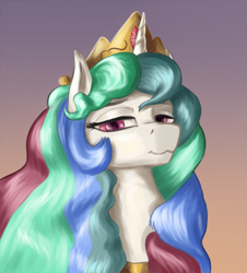 Size: 1245x1378 | Tagged: safe, artist:dukevonkessel, princess celestia (mlp), alicorn, equine, fictional species, mammal, pony, feral, friendship is magic, hasbro, my little pony, 2019, crown, female, horn, jewelry, lidded eyes, looking at you, mare, regalia, smiling, solo, solo female