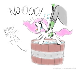 Size: 522x478 | Tagged: safe, artist:banebuster, princess celestia (mlp), oc, oc:anon, alicorn, equine, fictional species, human, mammal, pony, feral, series:tiny tia, friendship is magic, hasbro, my little pony, 2020, bath, bath time, bucket, crying, cute, duo, female, filly, foal, forced bathing, hair, low res, mane, pink hair, pink mane, simple background, solo focus, tail, water, white background, young, younger