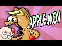 Size: 480x360 | Tagged: safe, artist:hotdiggedydemon, applejack (mlp), earth pony, equine, fictional species, human, mammal, pony, semi-anthro, series:pony.mov, friendship is magic, hasbro, my little pony, 2011, abstract background, apple, bald, caption, clothes, cowboy hat, duo, ear piercing, earring, eating, english, english text, female, female focus, food, freckles, fruit, fur, hair, hair band, hat, herbivore, holding, hoof hold, hooves, lidded eyes, looking at something, looking at you, low res, male, mane, mare, nose piercing, nose ring, open mouth, orange body, orange fur, peeking, piercing, pink background, ponytail, smiling, solo focus, standing, teeth, text, title, title card, tongue, vulgar source, wide eyes, yellow hair