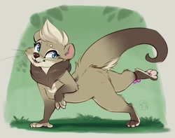 Size: 1280x1007 | Tagged: safe, artist:reign-2004, oc, oc only, oc:bailey, mammal, mustelid, otter, anthro, 2017, blonde hair, blue eyes, brown body, brown fur, chest fluff, ears, female, fluff, fur, grass, hair, looking at you, multicolored fur, open mouth, paws, raised leg, smiling, smiling at you, solo, solo female, tail, underpaw